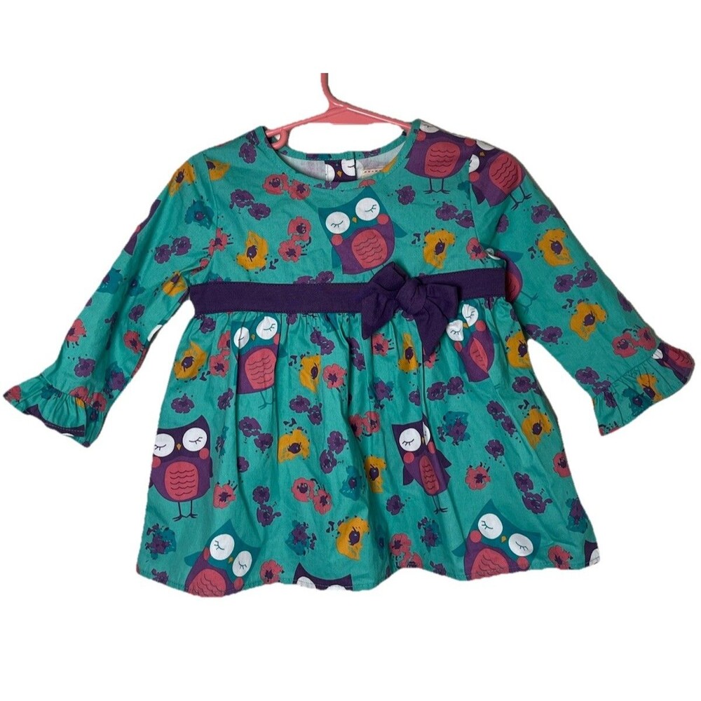 Toffee Apple Girls Purple & Green Cute Owl Buttoned Dress NWT Size 18 Months